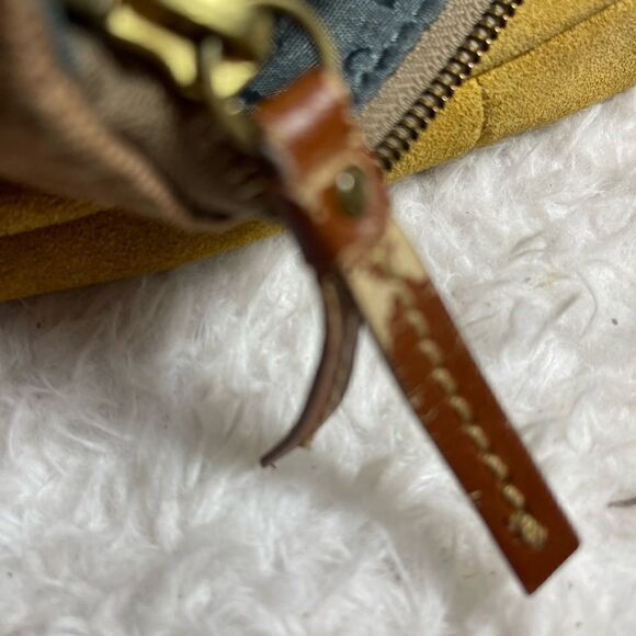Fossil Brown canvas and yellow mustard suede medium shoulder/crossbody bag . - Picture 13 of 13